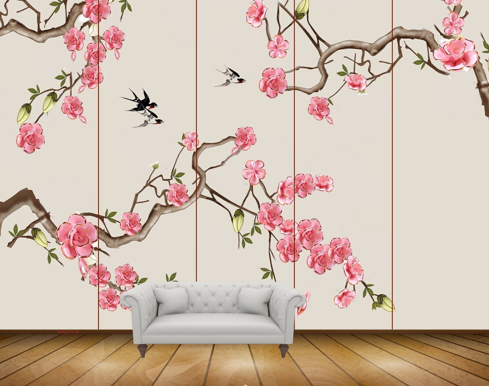 Avikalp MWZ1574 Pink Flowers Branches Birds 3D HD Wallpaper