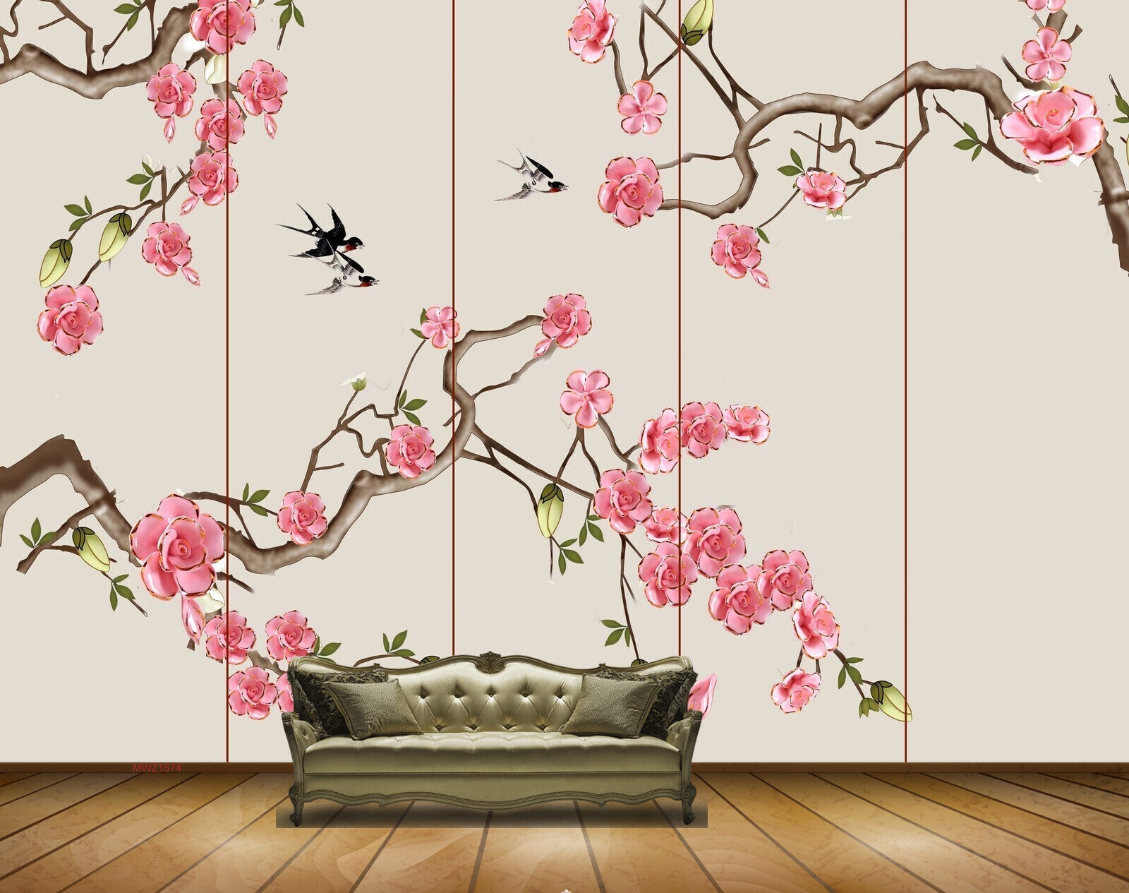 Avikalp MWZ1574 Pink Flowers Branches Birds 3D HD Wallpaper