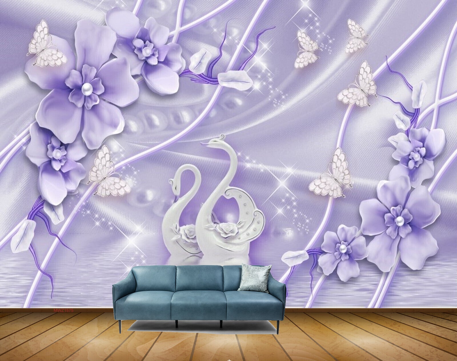 Avikalp MWZ1575 Purple Flowers Swans Butterflies HD Wallpaper