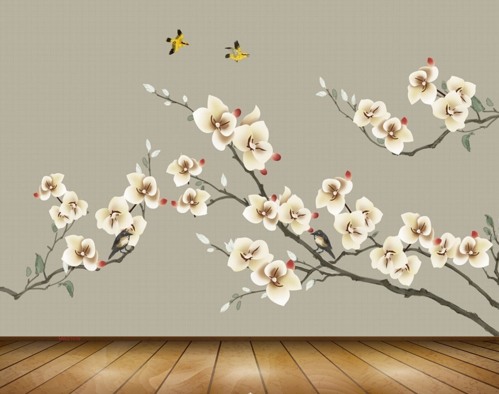 Avikalp MWZ1576 White Flowers Branches Birds 3D HD Wallpaper