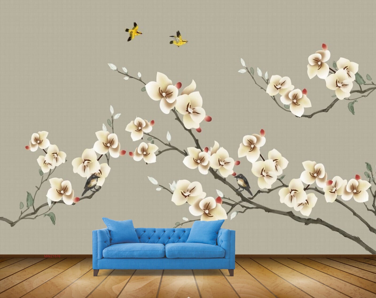 Avikalp MWZ1576 White Flowers Branches Birds 3D HD Wallpaper
