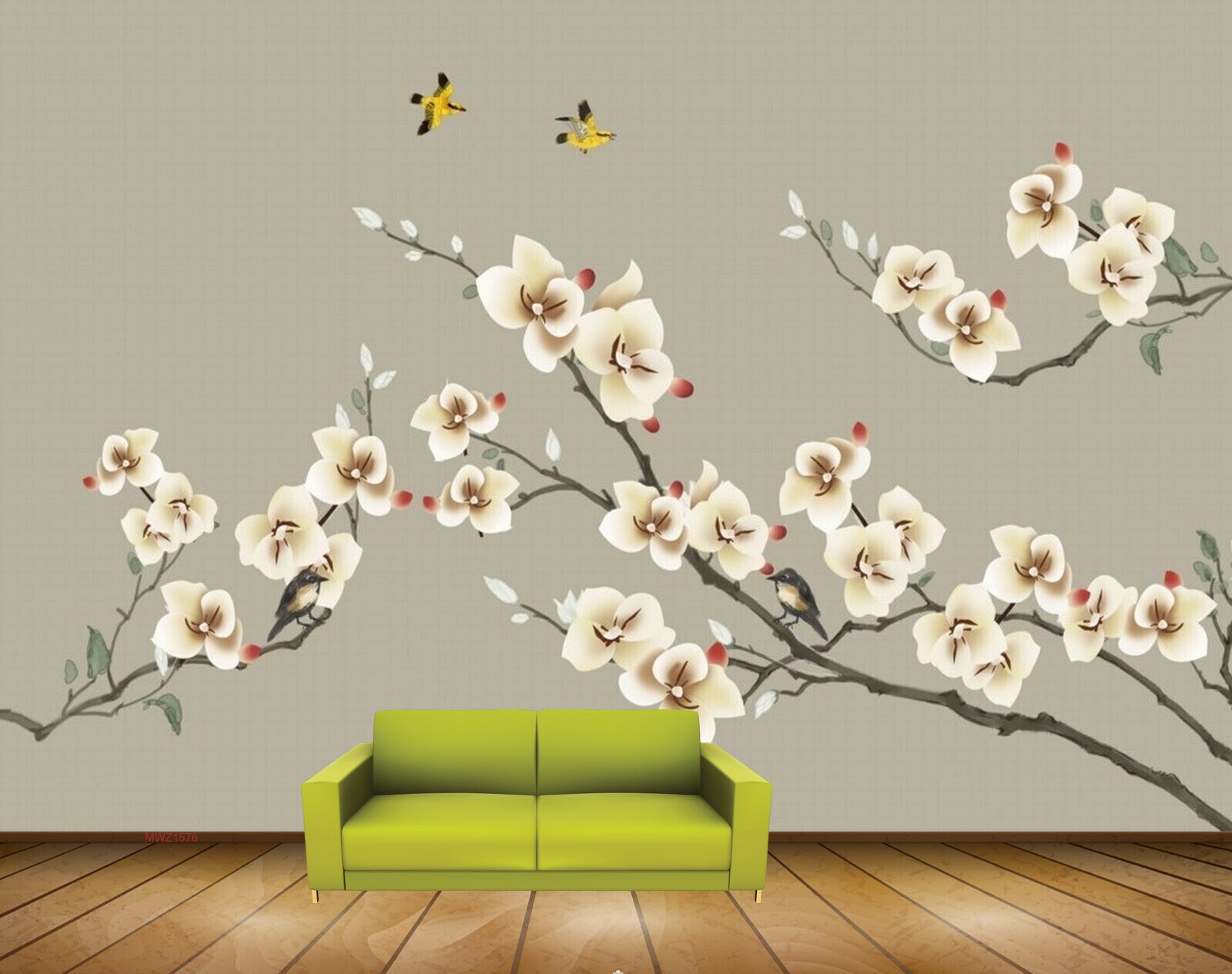 Avikalp MWZ1576 White Flowers Branches Birds 3D HD Wallpaper
