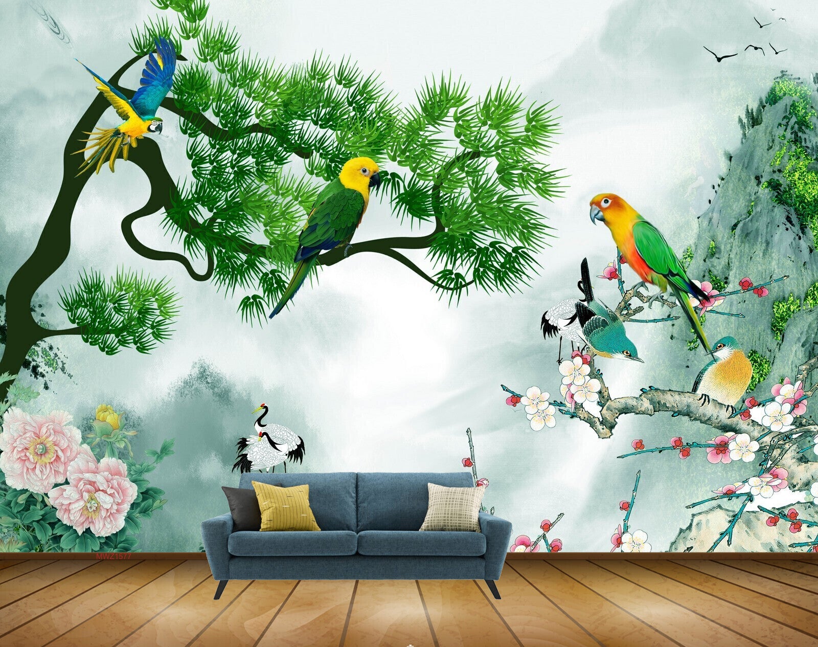 Avikalp MWZ1577 Parrots Trees Flowers Cranes Branches HD Wallpaper
