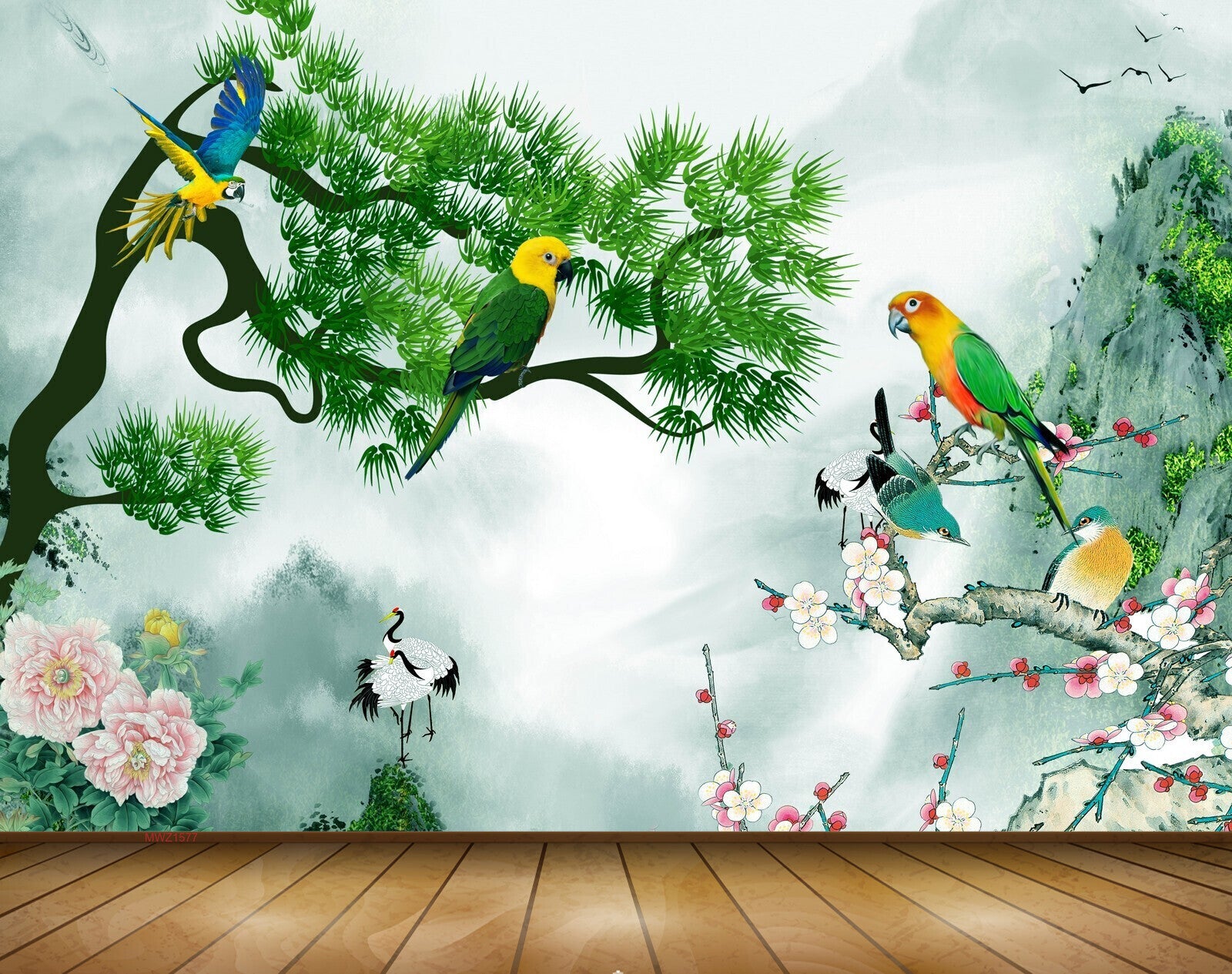 Avikalp MWZ1577 Parrots Trees Flowers Cranes Branches 3D HD Wallpaper