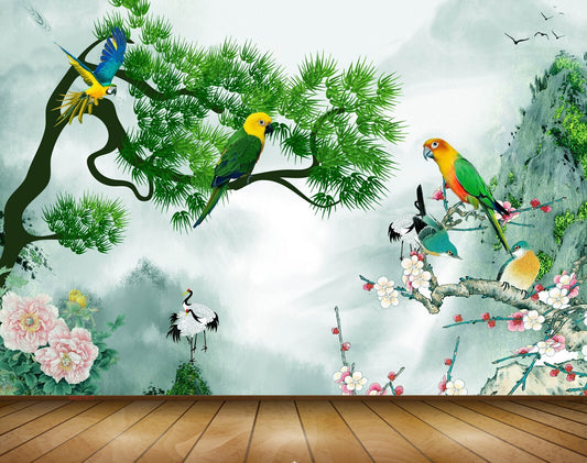 Avikalp MWZ1577 Parrots Trees Flowers Cranes Branches 3D HD Wallpaper