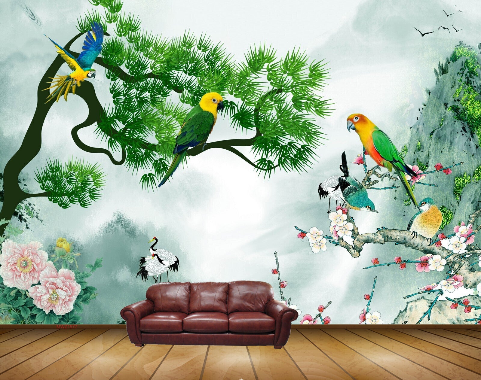 Avikalp MWZ1577 Parrots Trees Flowers Cranes Branches 3D HD Wallpaper