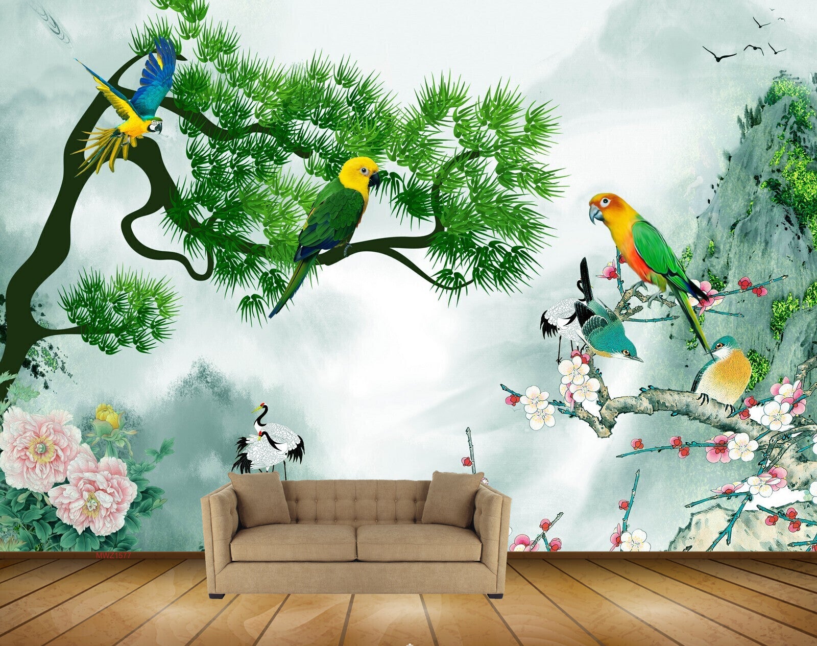 Avikalp MWZ1577 Parrots Trees Flowers Cranes Branches 3D HD Wallpaper