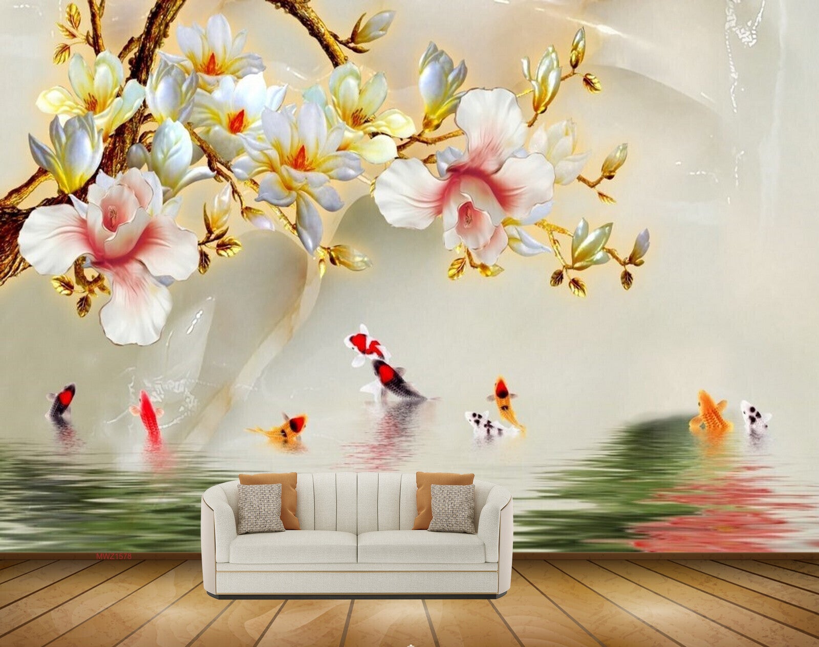 Avikalp MWZ1578 White Yellow Pink Flowers Fishes HD Wallpaper
