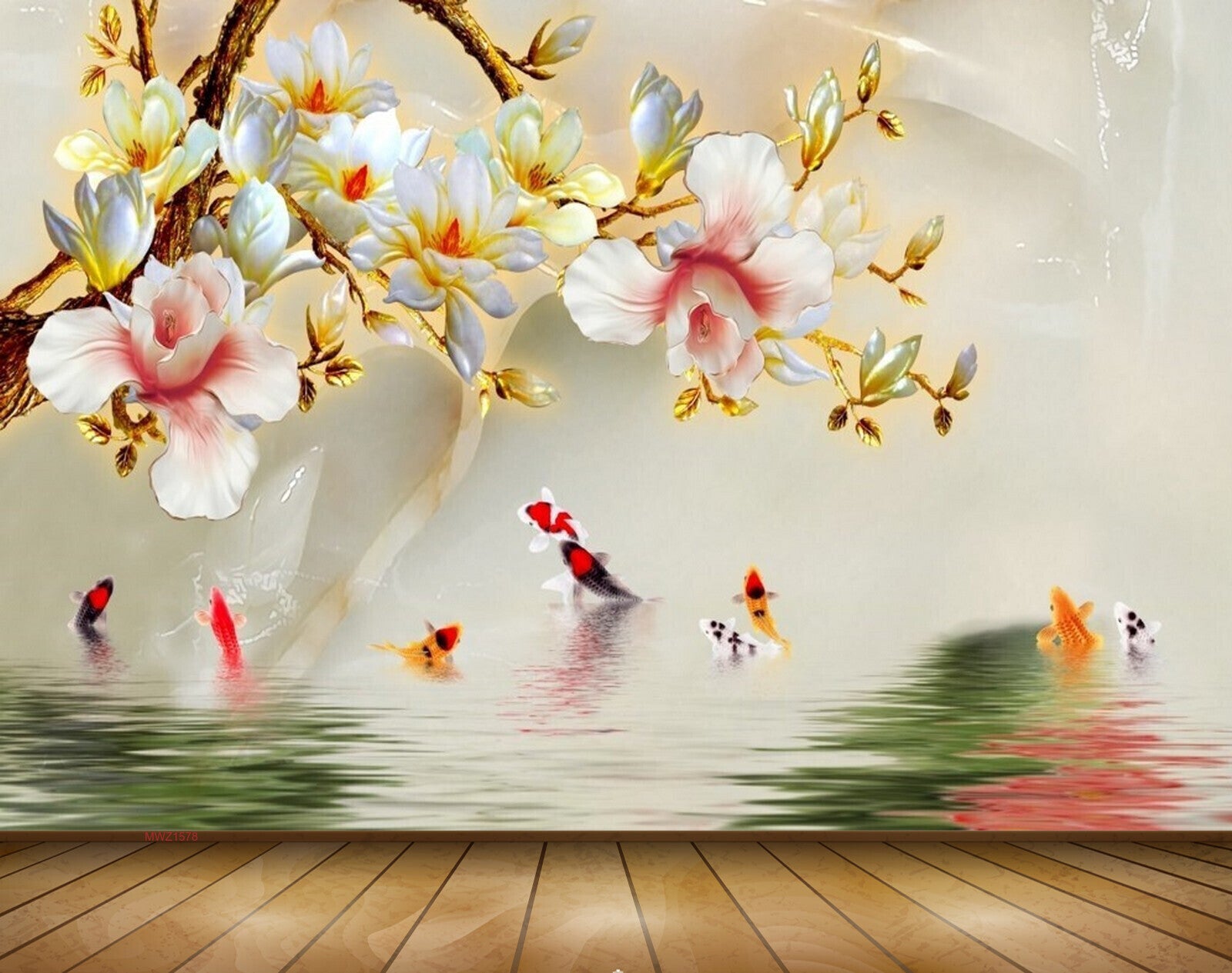 Avikalp MWZ1578 White Yellow Pink Flowers Fishes 3D HD Wallpaper