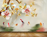 Avikalp MWZ1578 White Yellow Pink Flowers Fishes 3D HD Wallpaper