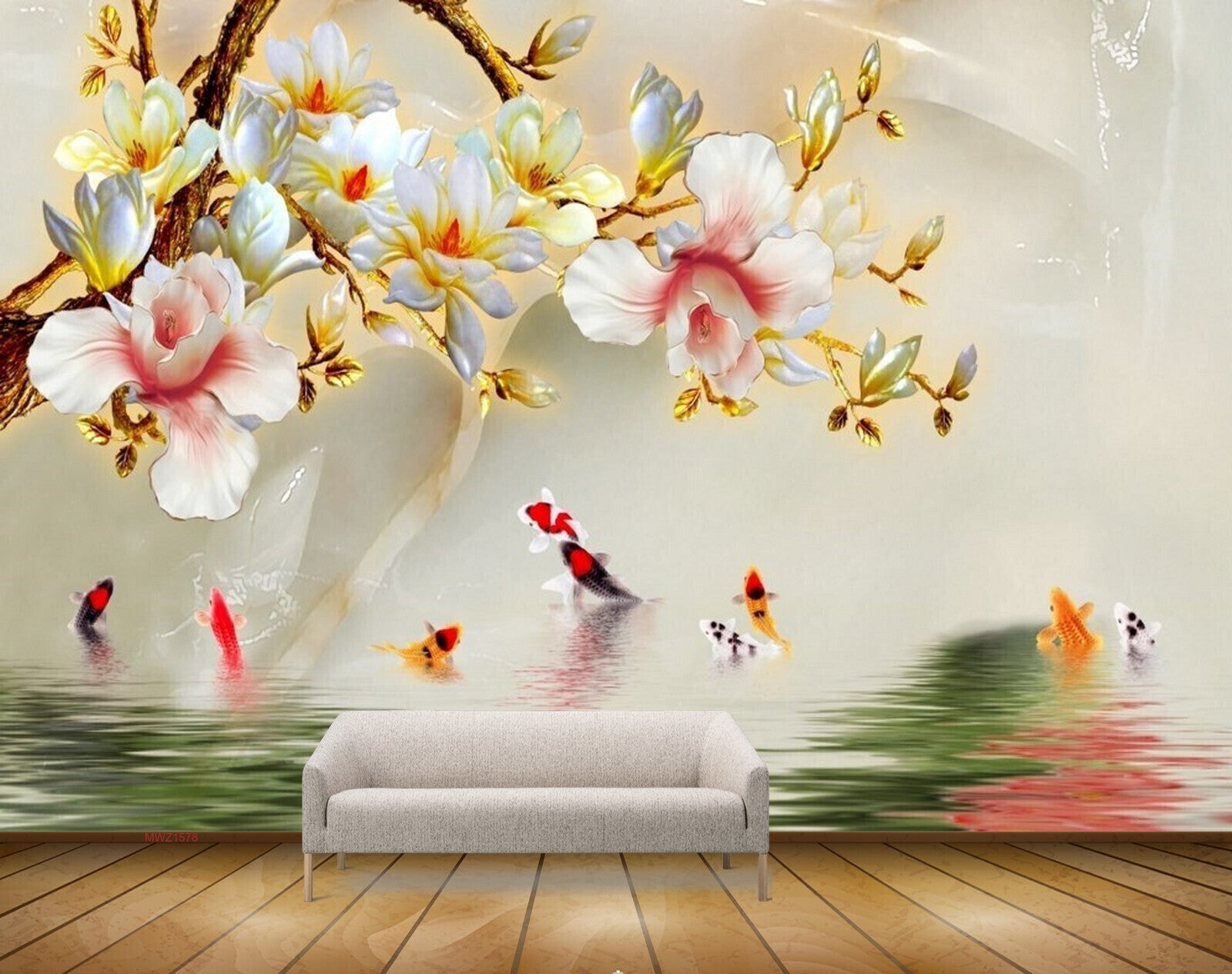 Avikalp MWZ1578 White Yellow Pink Flowers Fishes 3D HD Wallpaper