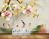 Avikalp MWZ1578 White Yellow Pink Flowers Fishes 3D HD Wallpaper