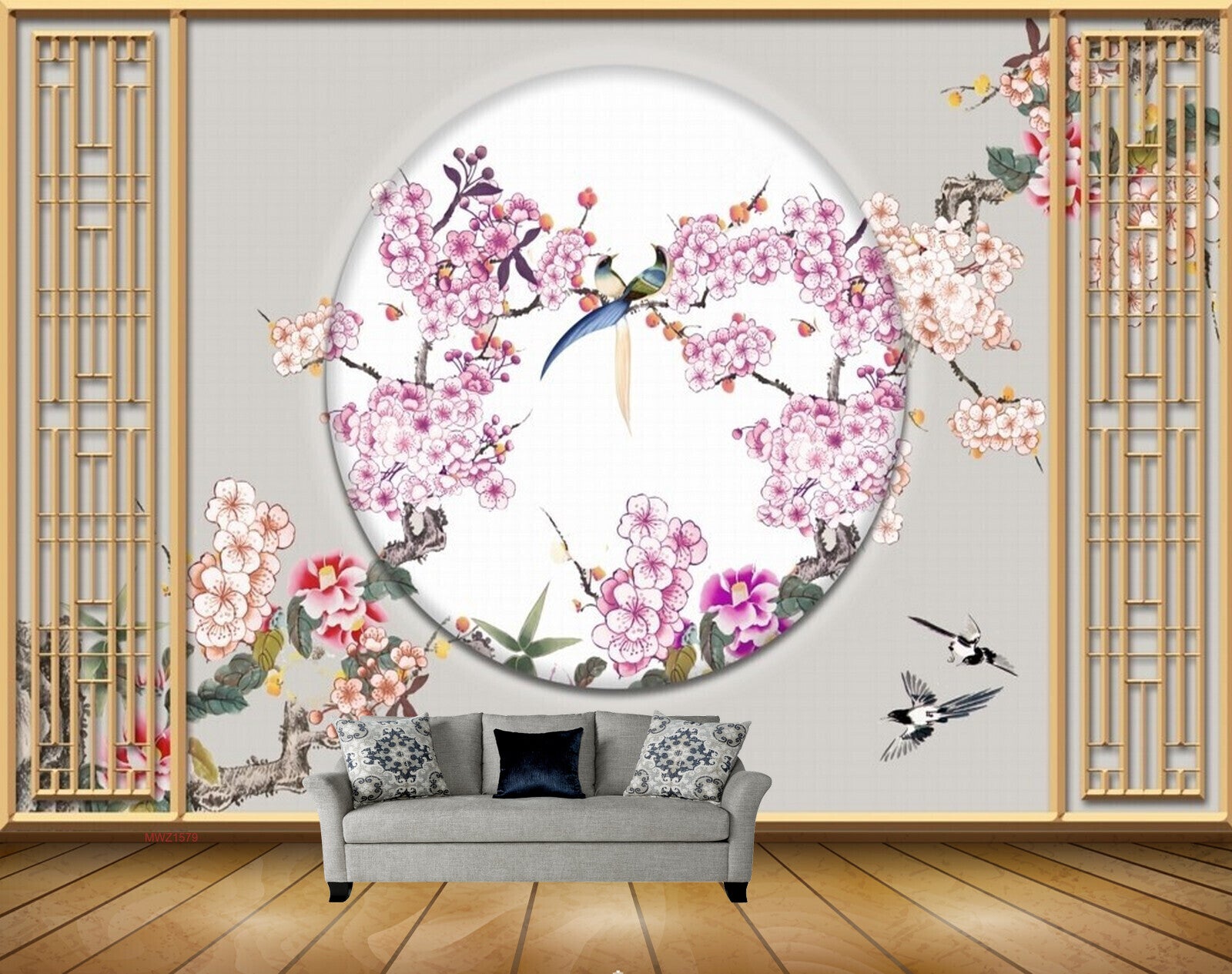 Avikalp MWZ1579 Pink White Flowers Birds 3D HD Wallpaper