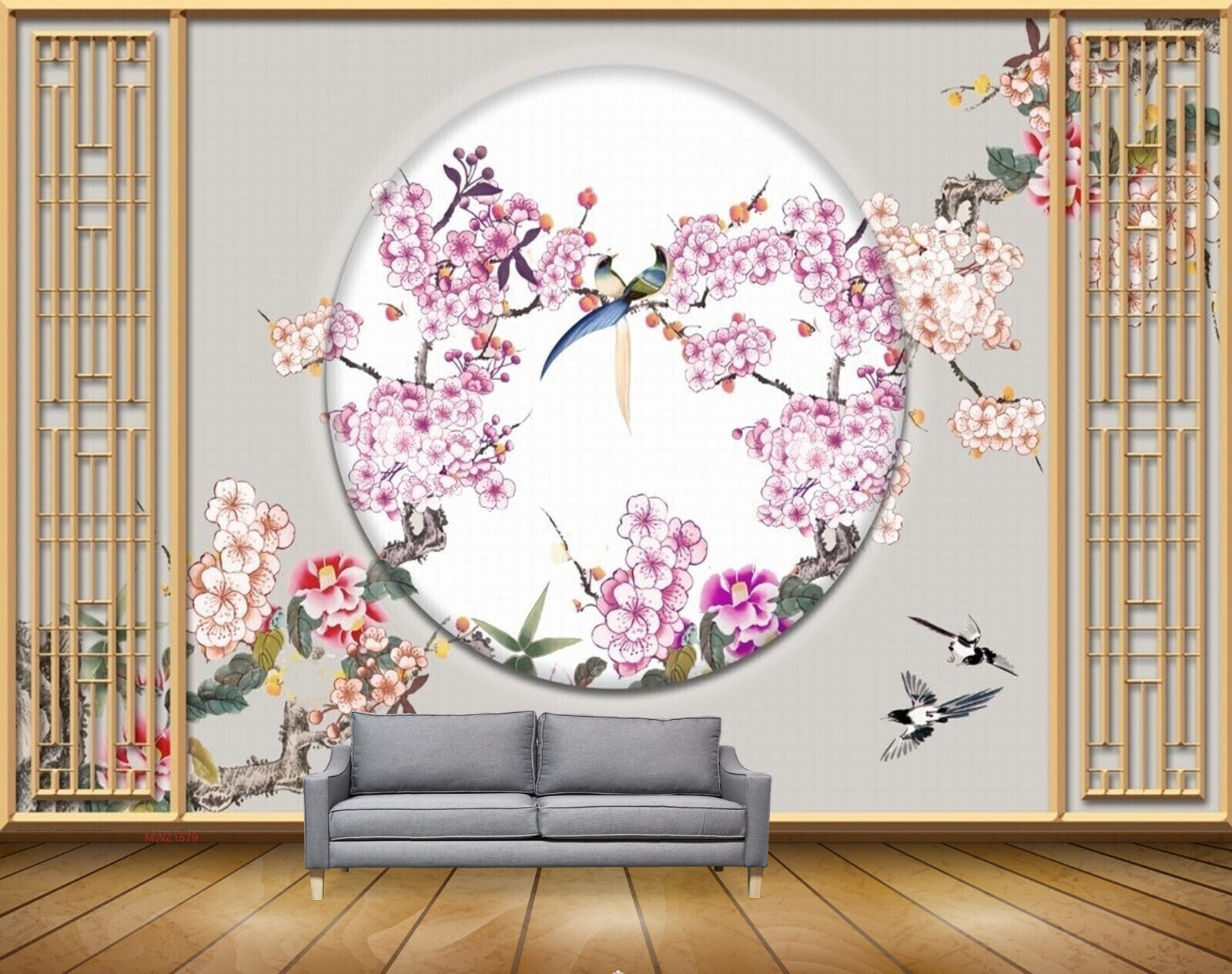 Avikalp MWZ1579 Pink White Flowers Birds 3D HD Wallpaper