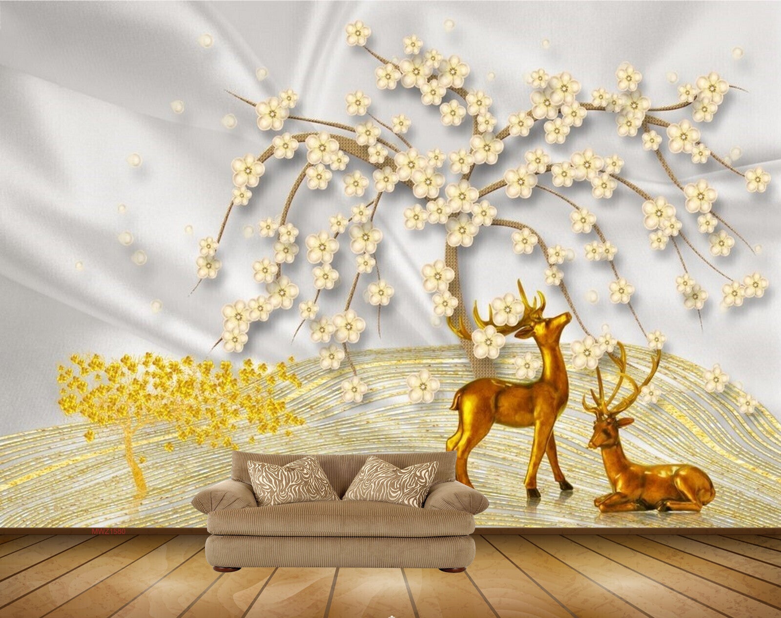 Avikalp MWZ1580 Golden Flowers Deers HD Wallpaper