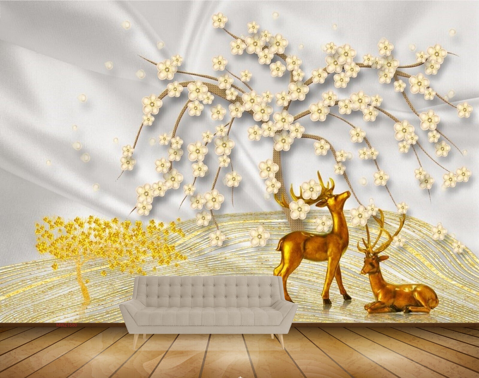 Avikalp MWZ1580 Golden Flowers Deers 3D HD Wallpaper