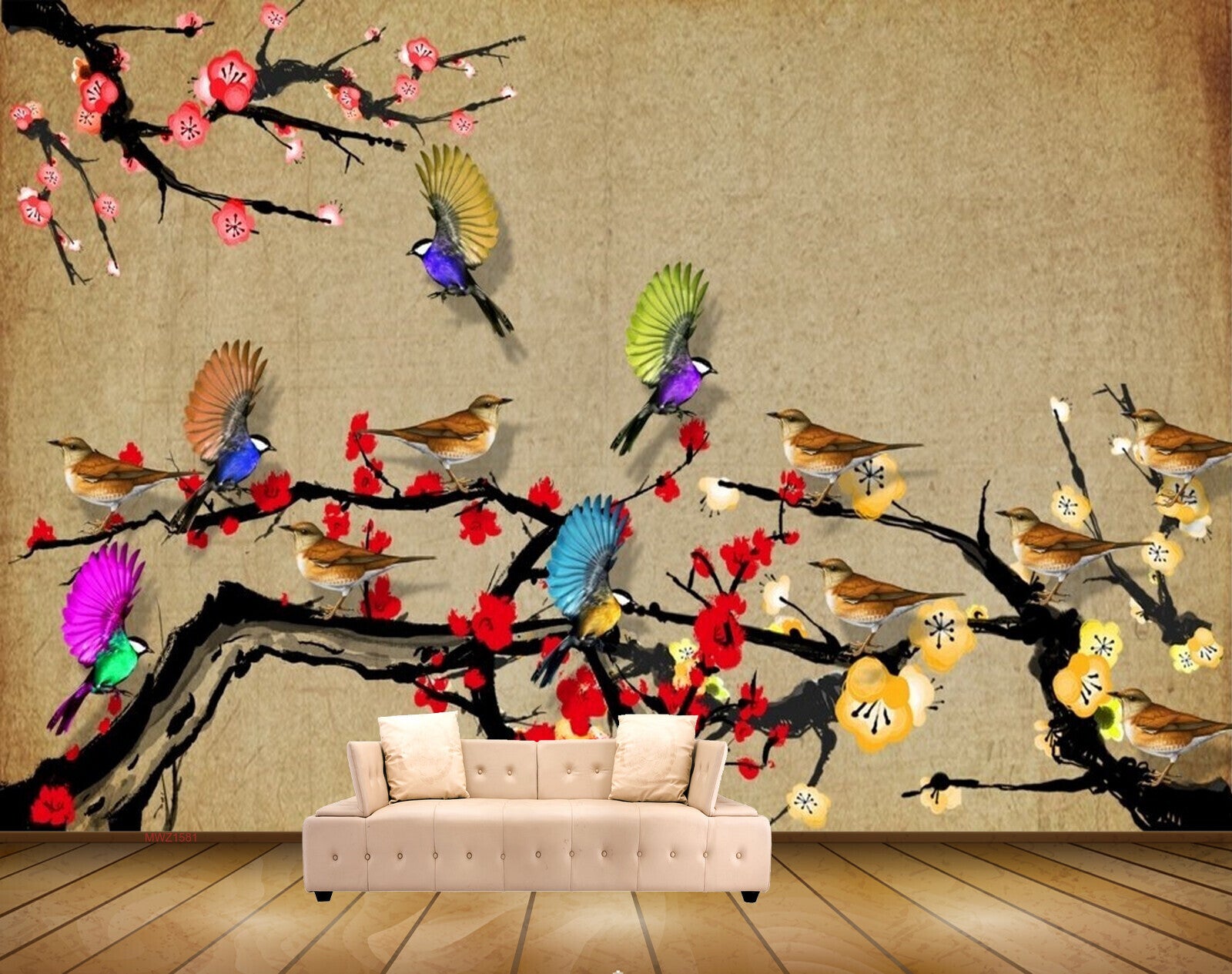 Avikalp MWZ1581 Pink Flowers Birds Branches HD Wallpaper