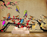 Avikalp MWZ1581 Pink Flowers Birds Branches HD Wallpaper
