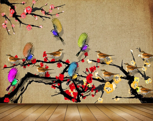 Avikalp MWZ1581 Pink Flowers Birds Branches 3D HD Wallpaper