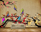 Avikalp MWZ1581 Pink Flowers Birds Branches 3D HD Wallpaper