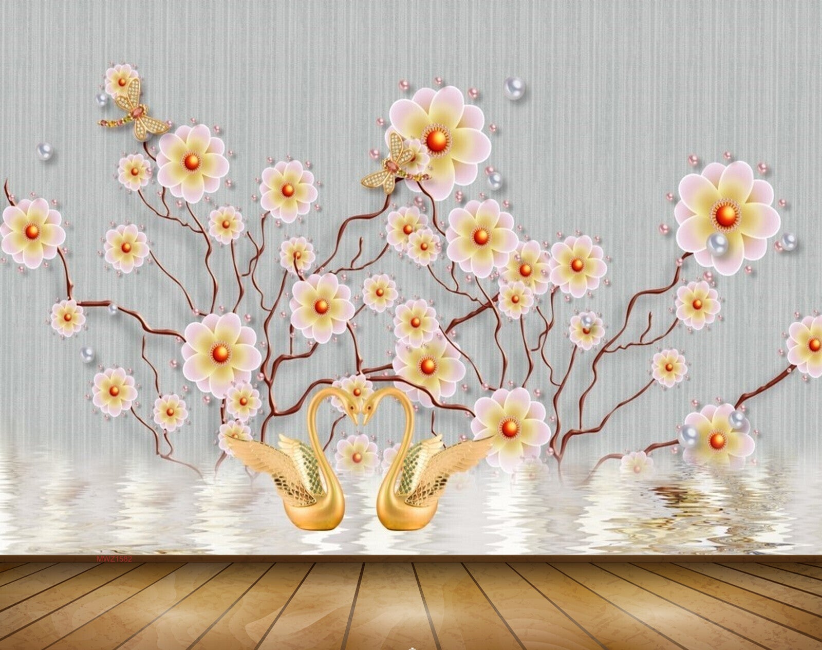 Avikalp MWZ1582 Pink Yellow Flowers Cranes 3D HD Wallpaper