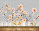 Avikalp MWZ1582 Pink Yellow Flowers Cranes 3D HD Wallpaper
