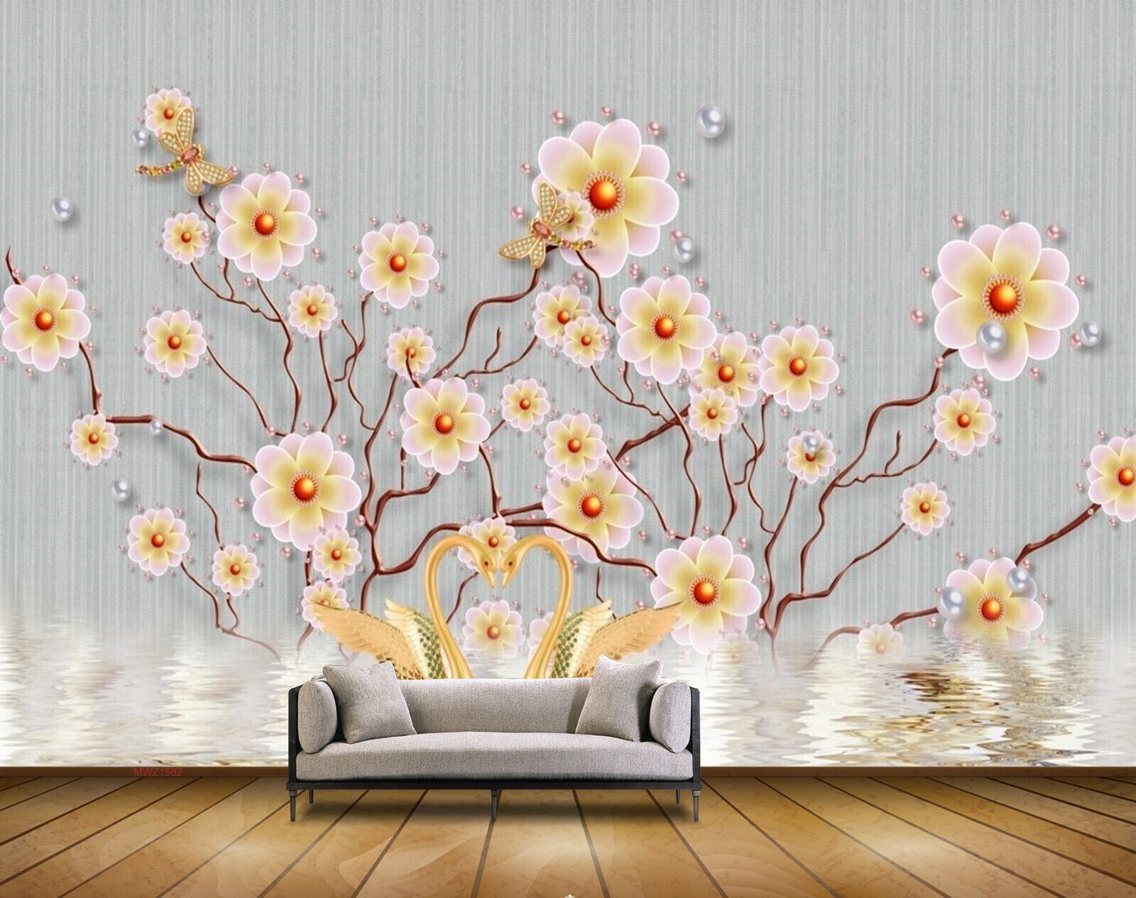 Avikalp MWZ1582 Pink Yellow Flowers Cranes 3D HD Wallpaper