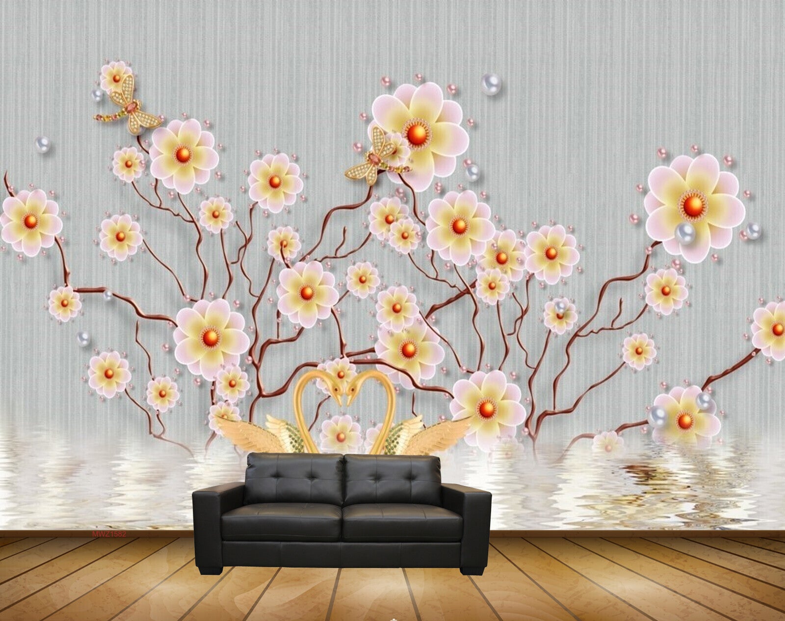 Avikalp MWZ1582 Pink Yellow Flowers Cranes 3D HD Wallpaper