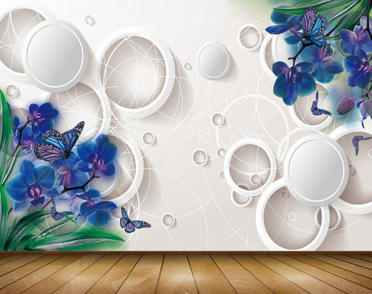 Avikalp MWZ1583 Blue Flowers Butterflies 3D HD Wallpaper