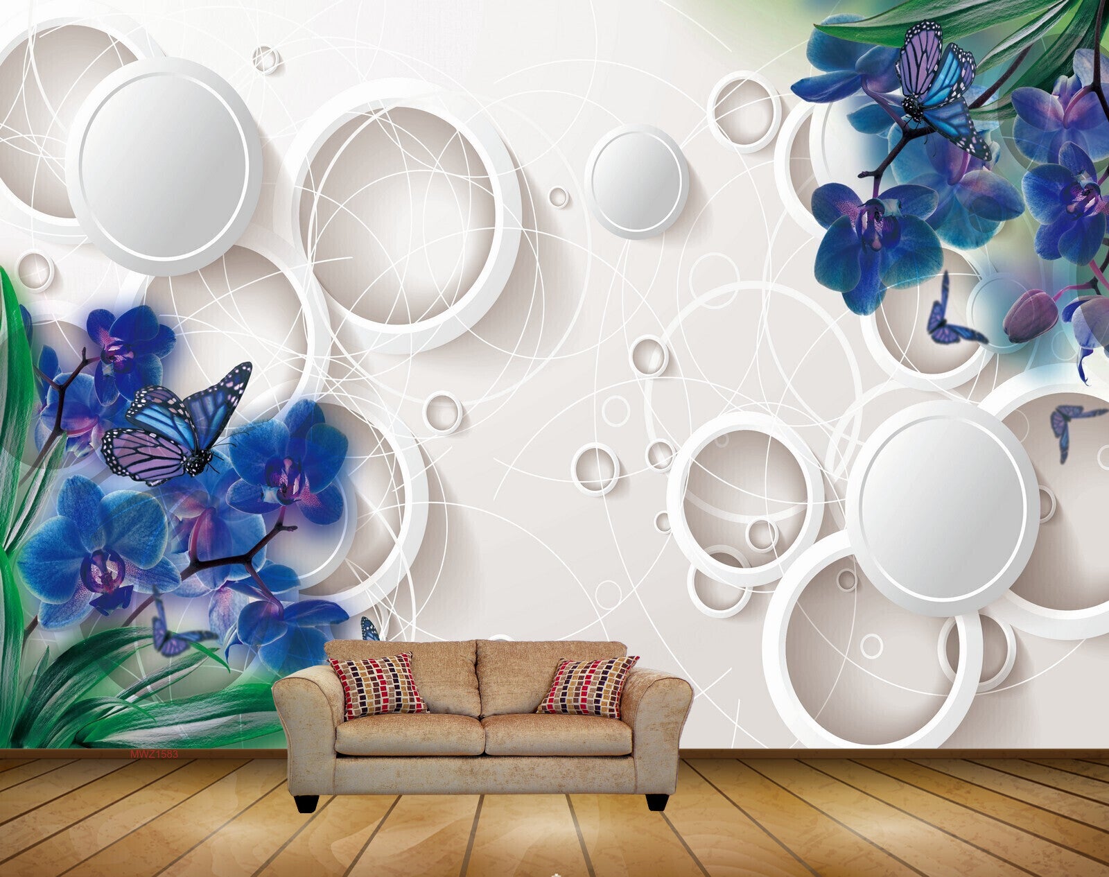 Avikalp MWZ1583 Blue Flowers Butterflies 3D HD Wallpaper