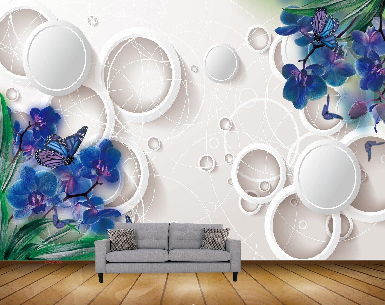 Avikalp MWZ1583 Blue Flowers Butterflies 3D HD Wallpaper