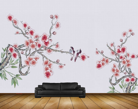 Avikalp MWZ1585 Pink White Flowers Birds Trees HD Wallpaper