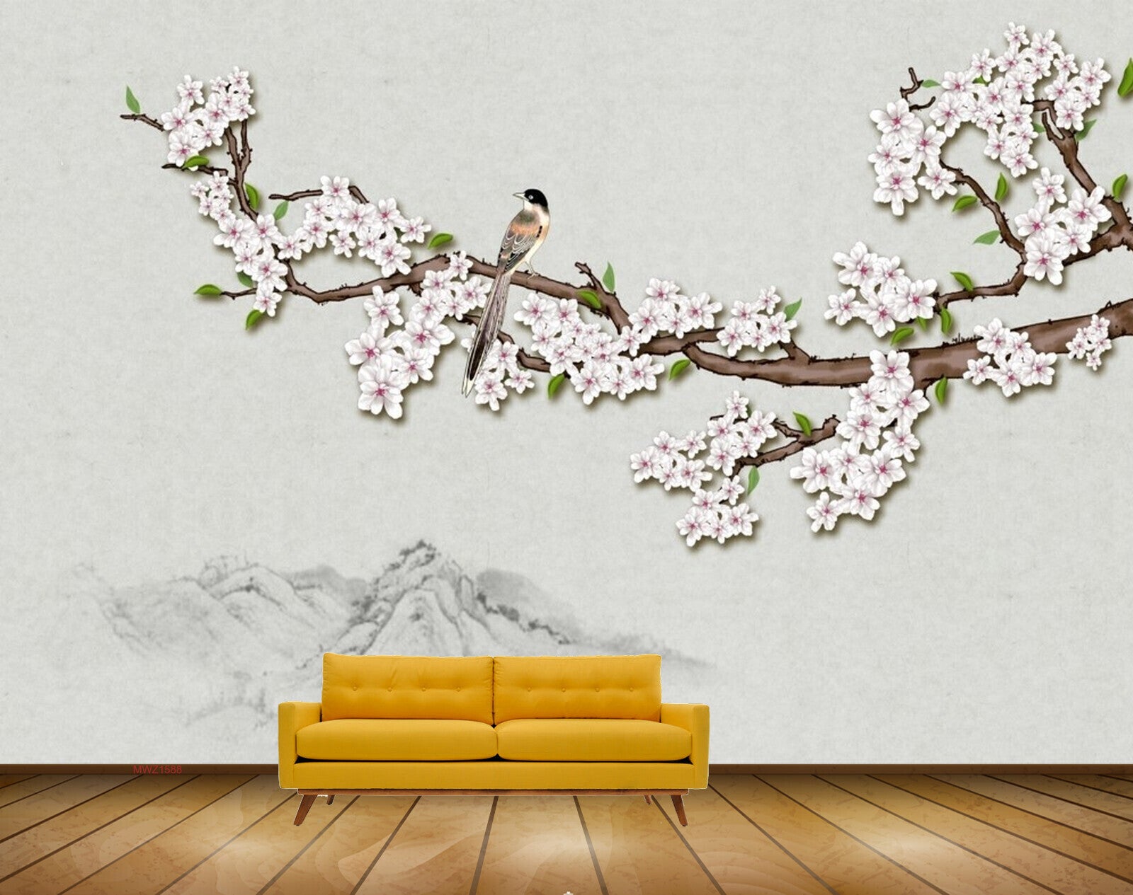 Avikalp MWZ1588 White Pink Bird Tree 3D HD Wallpaper