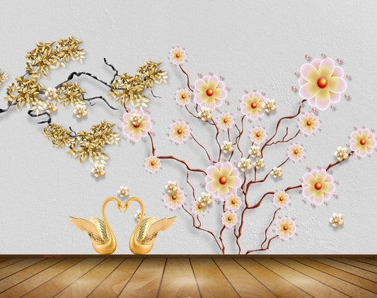 Avikalp MWZ1589 White Golden Flowers Cranes 3D HD Wallpaper