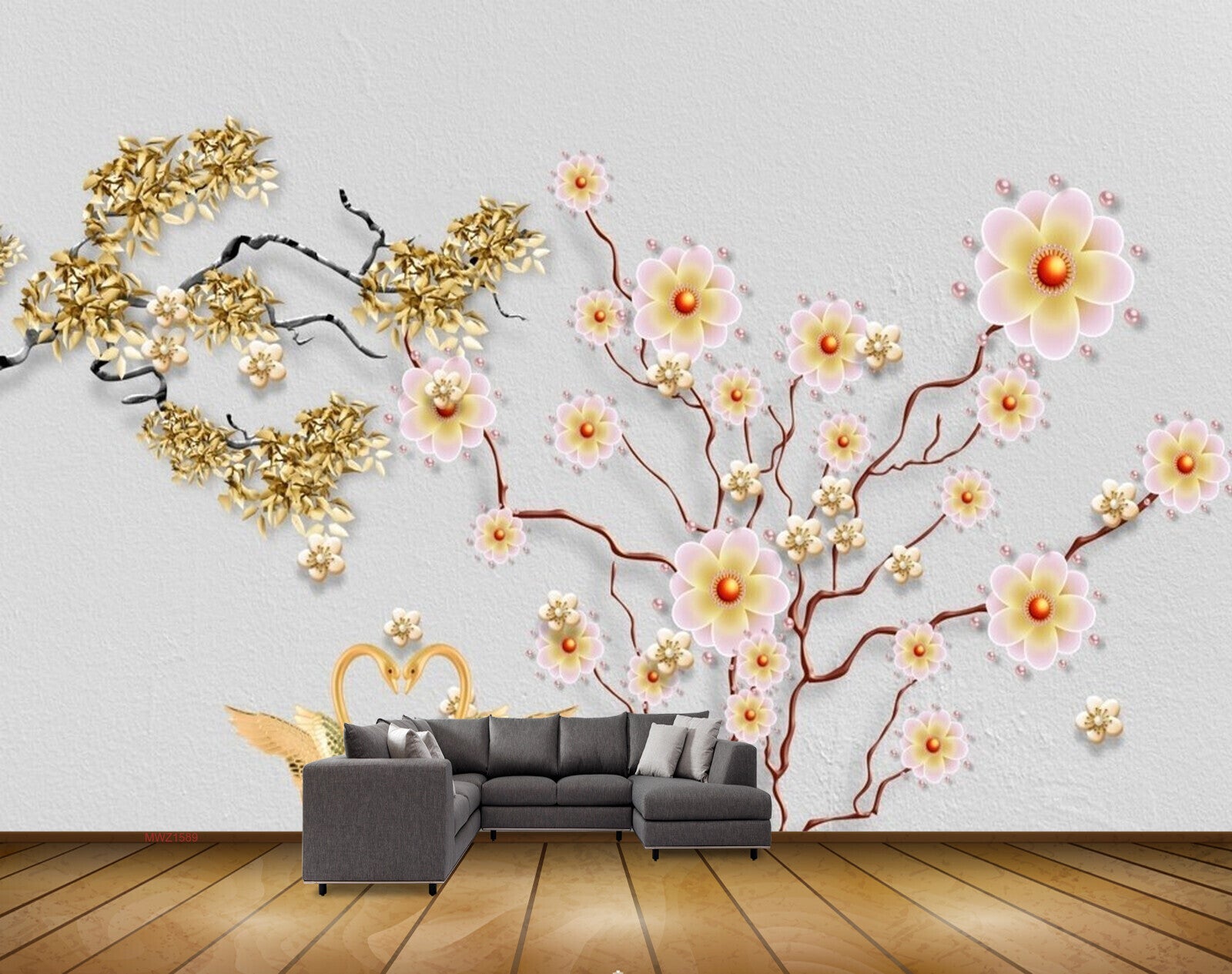Avikalp MWZ1589 White Golden Flowers Cranes 3D HD Wallpaper