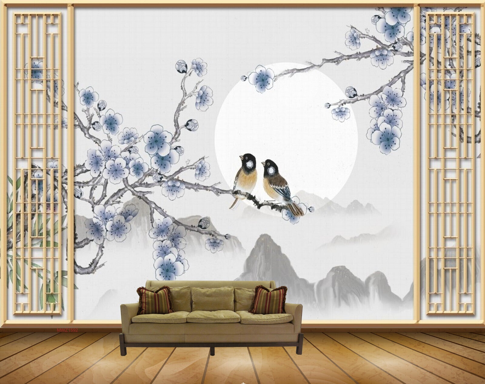 Avikalp MWZ1592 White Grey Flowers Birds HD Wallpaper