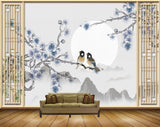 Avikalp MWZ1592 White Grey Flowers Birds HD Wallpaper