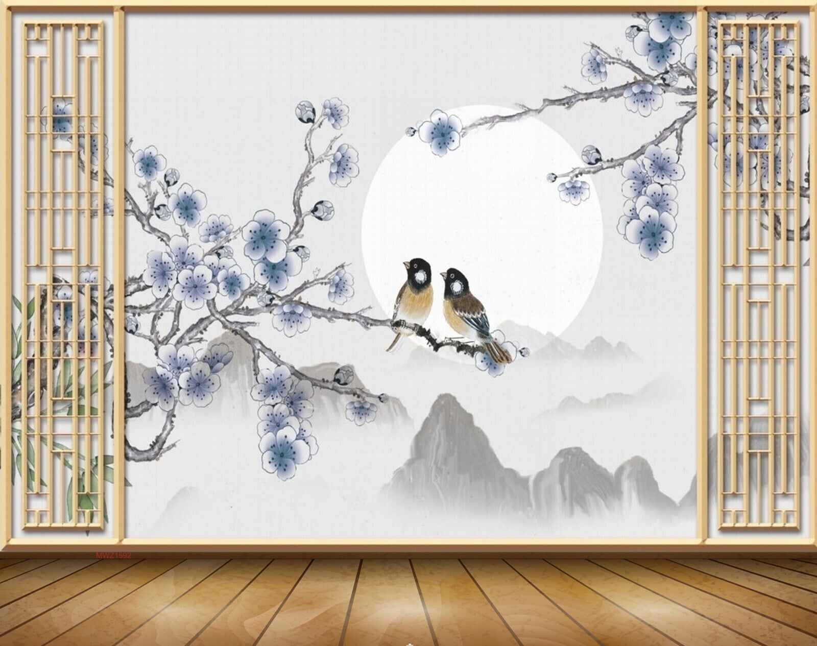 Avikalp MWZ1592 White Grey Flowers Birds 3D HD Wallpaper