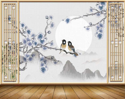 Avikalp MWZ1592 White Grey Flowers Birds 3D HD Wallpaper