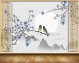 Avikalp MWZ1592 White Grey Flowers Birds 3D HD Wallpaper