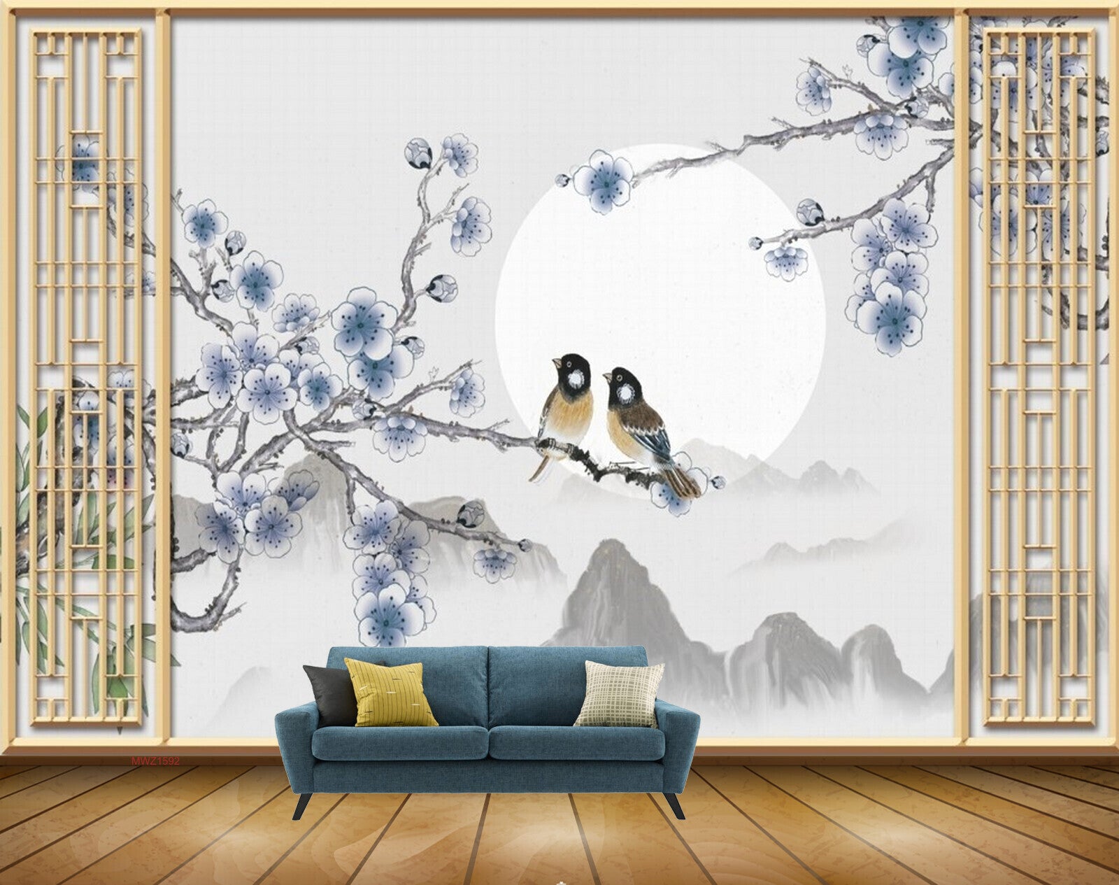 Avikalp MWZ1592 White Grey Flowers Birds 3D HD Wallpaper