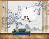 Avikalp MWZ1592 White Grey Flowers Birds 3D HD Wallpaper