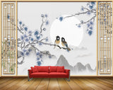 Avikalp MWZ1592 White Grey Flowers Birds 3D HD Wallpaper