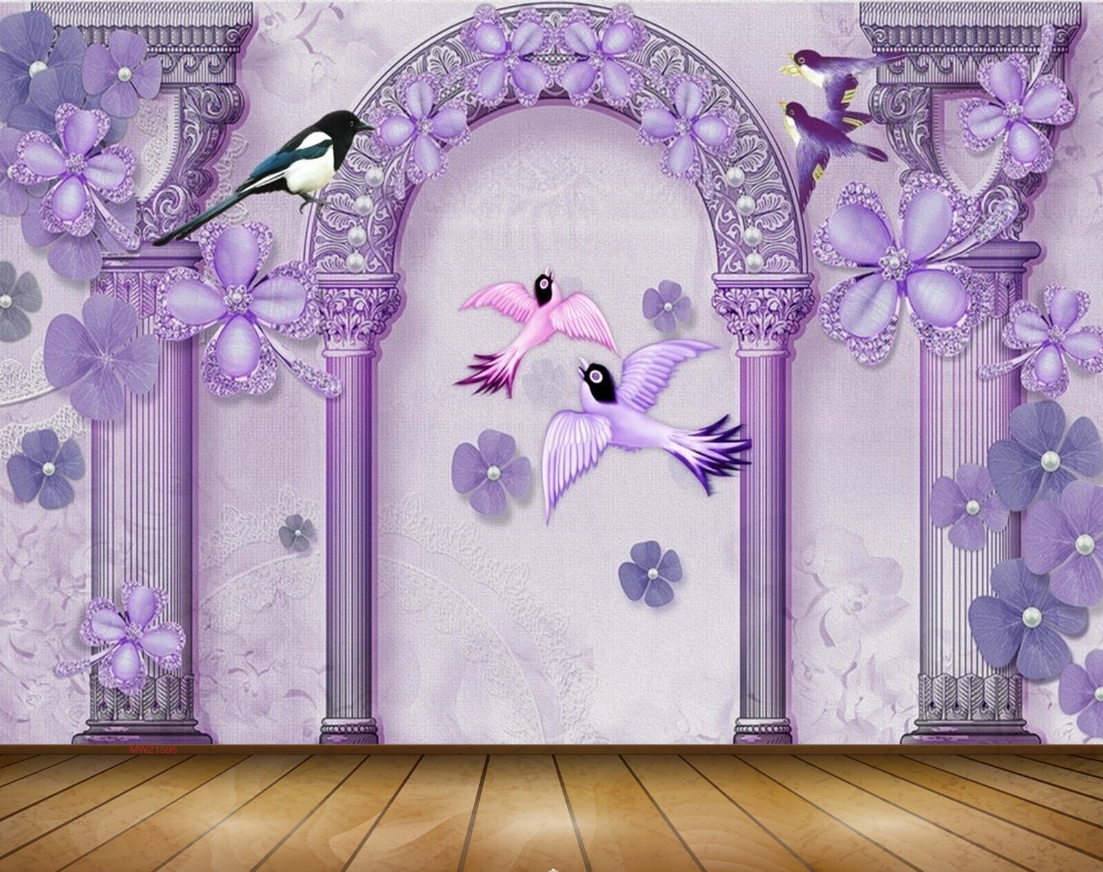Avikalp MWZ1595 Birds Purple Flowers 3D HD Wallpaper