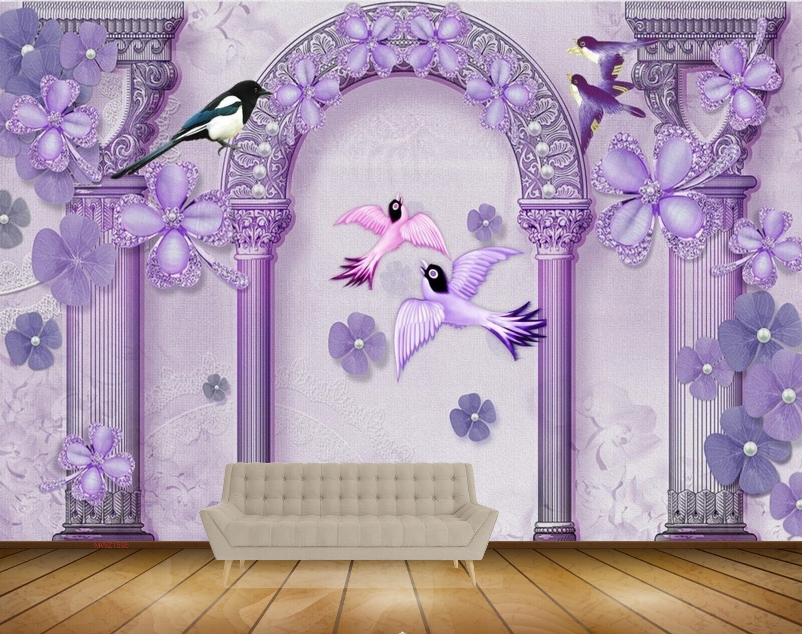 Avikalp MWZ1595 Birds Purple Flowers 3D HD Wallpaper