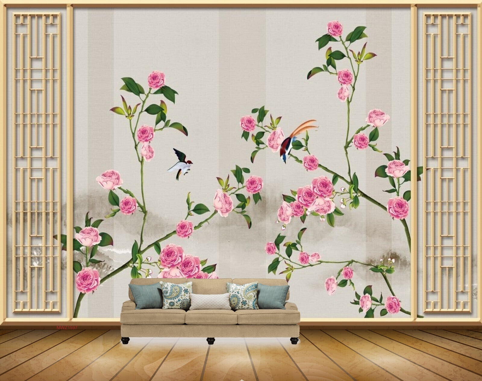 Avikalp MWZ1597 Pink Rose Flowers Birds HD Wallpaper