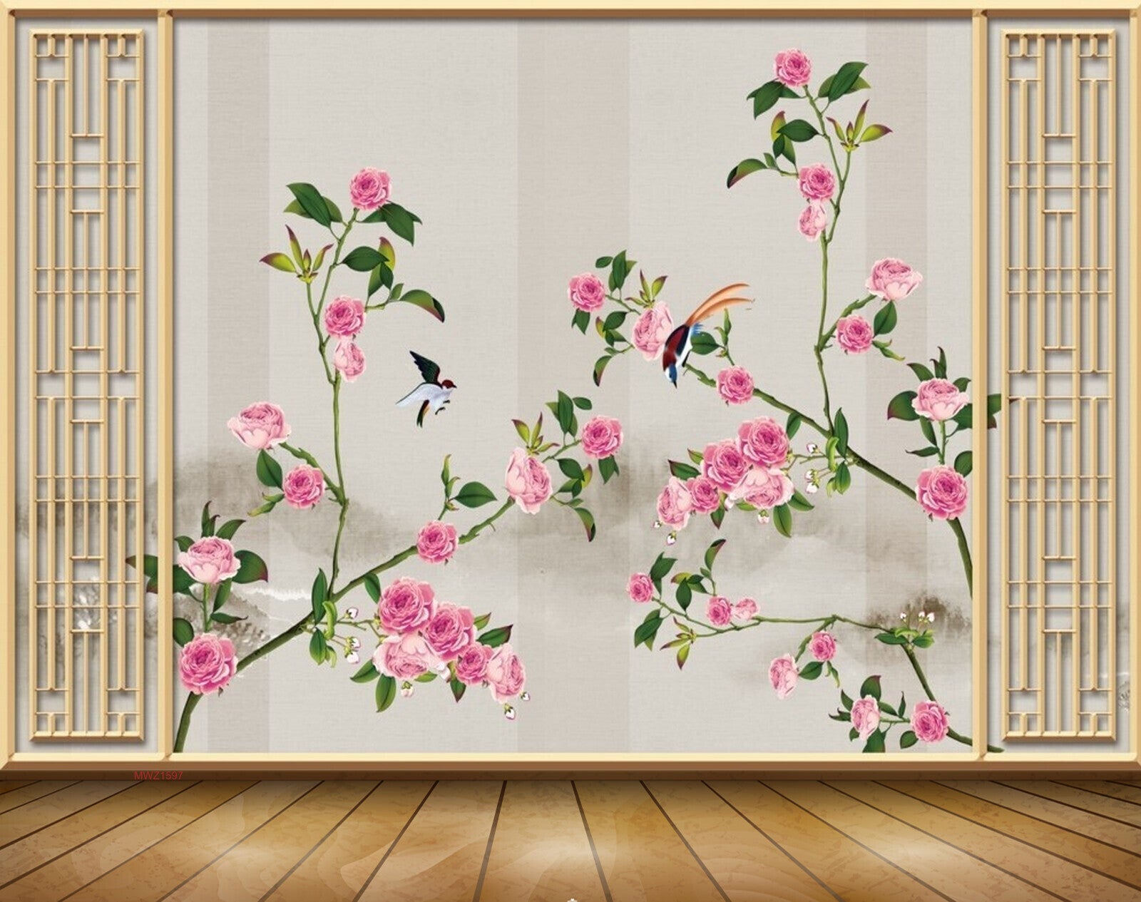 Avikalp MWZ1597 Pink Rose Flowers Birds 3D HD Wallpaper