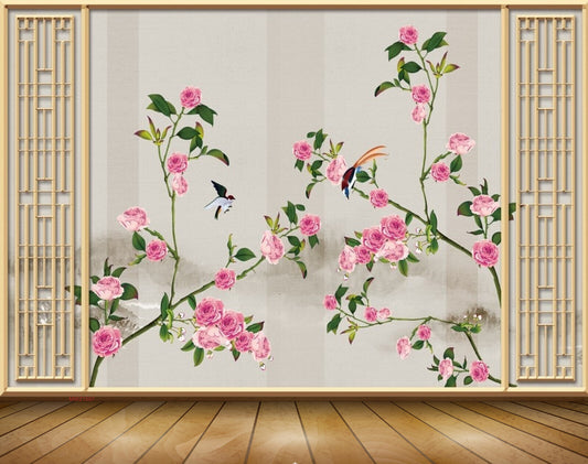 Avikalp MWZ1597 Pink Rose Flowers Birds 3D HD Wallpaper