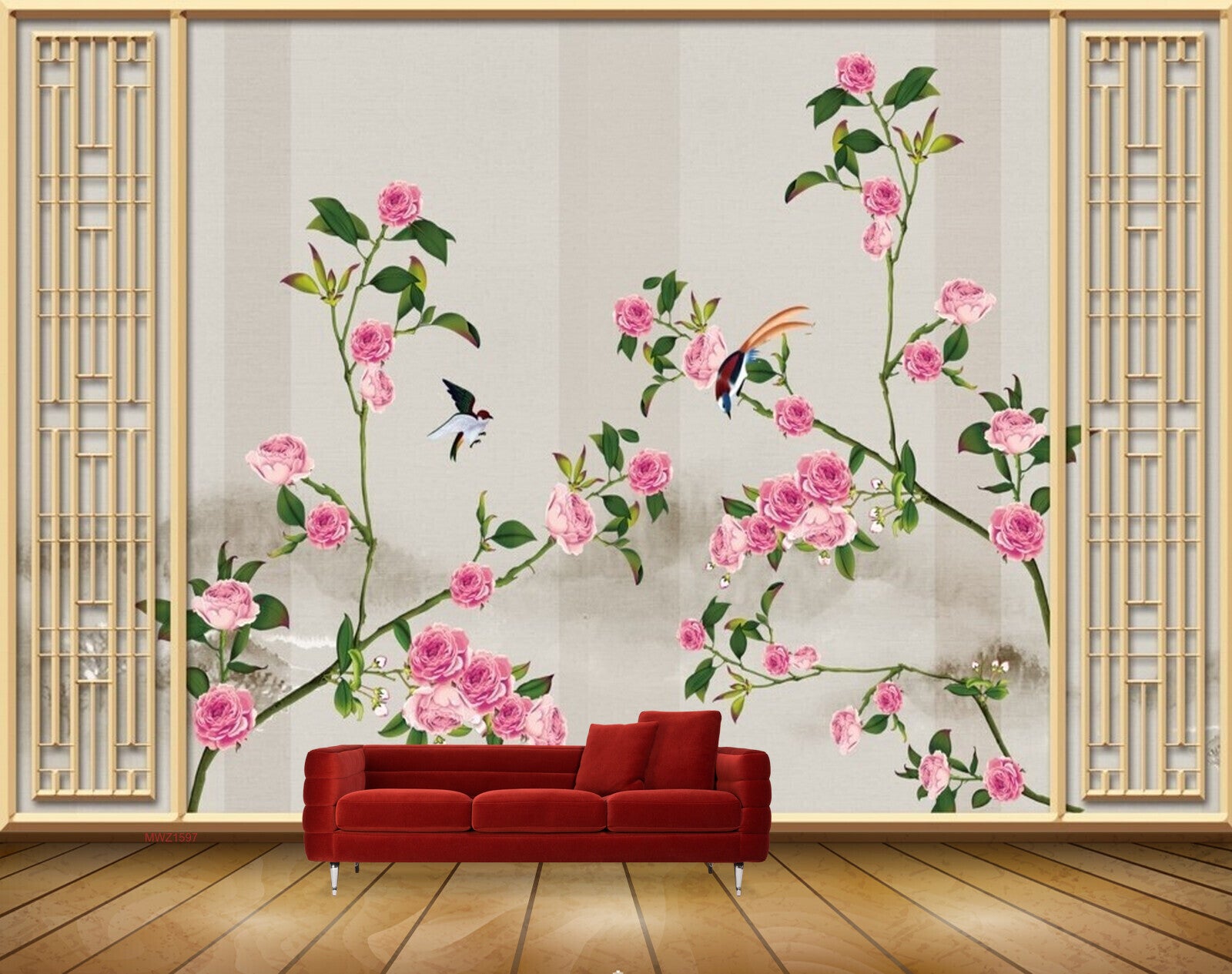 Avikalp MWZ1597 Pink Rose Flowers Birds 3D HD Wallpaper