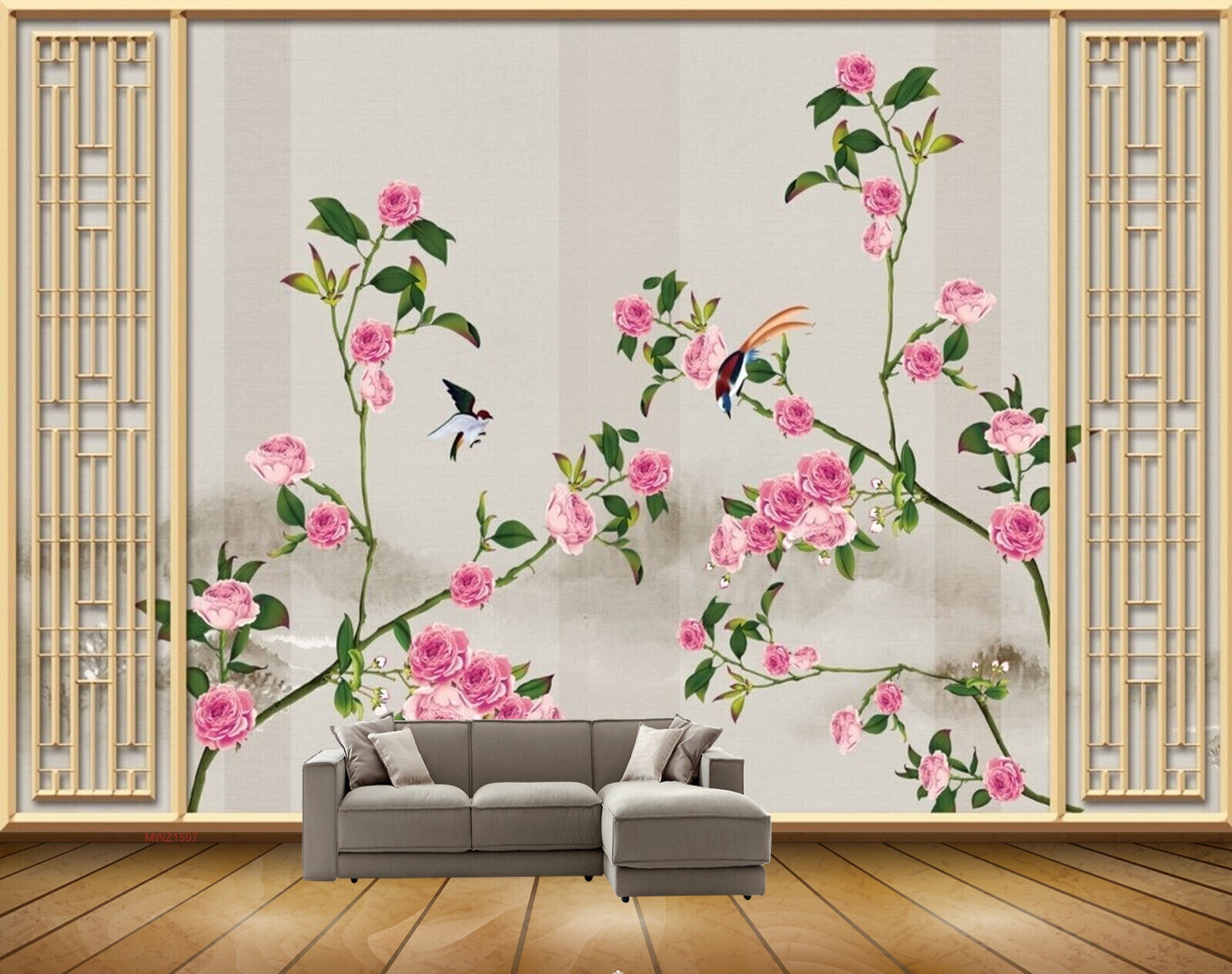 Avikalp MWZ1597 Pink Rose Flowers Birds 3D HD Wallpaper